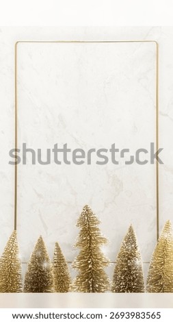 Gold trees, gold frame, and marble background create a festive scene. Gold accents and marble texture enhance the elegant holiday decor. Winter background with copy space. Winter mobile wallpaper.
