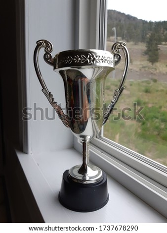 A gold trophy by the window