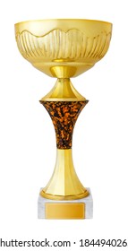 A Gold Trophy Cup With Gilded Nameplate On The Base, Isolated On A White Background