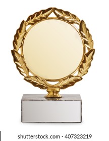 Gold Trophy With Laurel Wreath Isolated On White Background. Sports Award