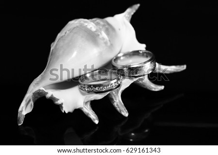 Gold wedding ring and shell on black background