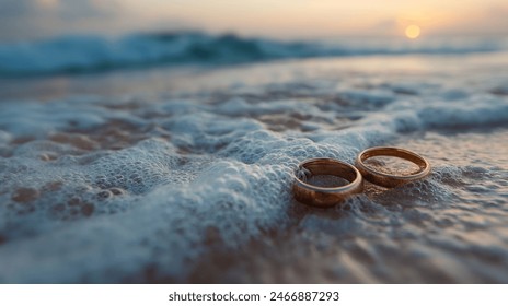 gold wedding rings on the beach at sunset  - Powered by Shutterstock