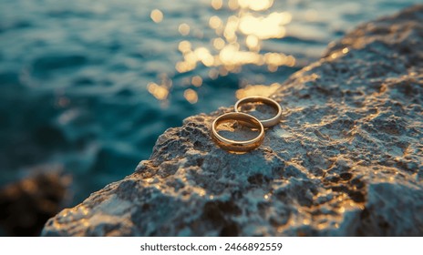 gold wedding rings on the beach at sunrise  - Powered by Shutterstock