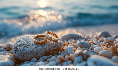 gold wedding rings on stone on the beach at sunshine - Powered by Shutterstock