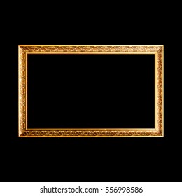 Gold wide wooden frame isolated on black background