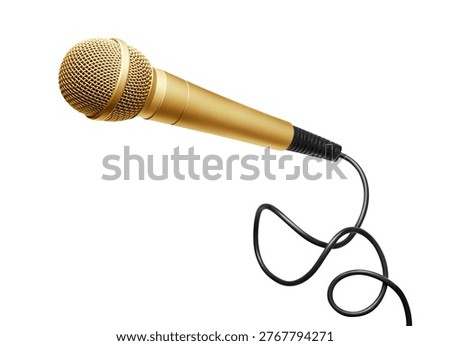 Gold wired handheld microphone with cable, isolated on white background