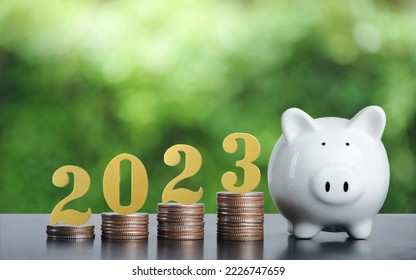 gold wooden number 2023 on a stack of coins for investment, and banking. 2023 New year saving money and financial planning concept.  - Shutterstock ID 2226747659