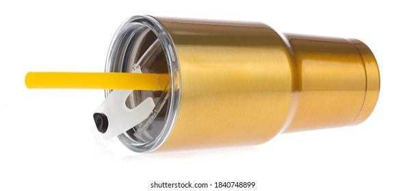 Gold Yeti Cup With Tube Isolated On White Background.