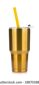 Gold Yeti Cup With Tube Isolated On White Background.