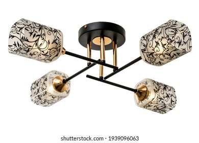 Gold-black four-lamp ceiling lamp with rectangular matt shades with black floral ornaments. Isolated on white background