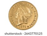 Golden 1879 US twenty dollars coin isolated on white background