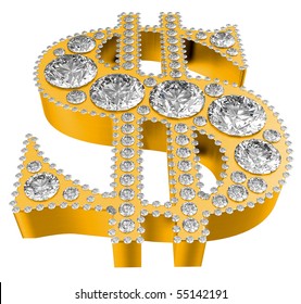 Golden 3D Dollar symbol incrusted with diamonds isolated over white. Extralarge resolution. Other gems are in my portfolio.