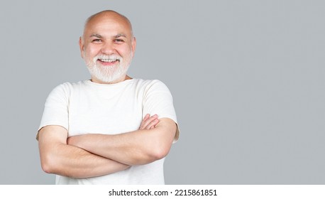 Golden Age Grand Father Healthcare Cheerful Lifestyle, Freedom Relax Retirement Concept. Portrait Healthy Happy Smile Senior Elderly Old Beard Man Face Isolated On Gray.