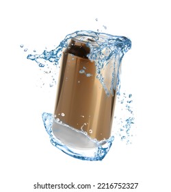 Golden Aluminum Can With Splash Of Water On White Background