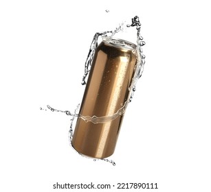 Golden Aluminum Can With Splash Of Water On White Background