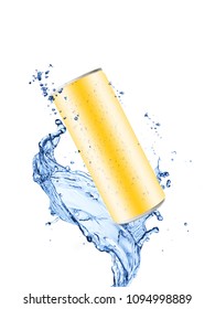 Golden Aluminum Can With Water Splash  Isolate On White Background