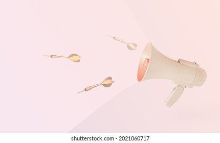 Golden arrows and beige megaphone on pastel pink background. Minimal abstract creative concept of public political speakers, hate speech, shouts, fake news, disparage or hurtful words. - Shutterstock ID 2021060717