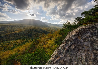 Golden Autumn Caucasus Mountain Forest At Sunset. Beautiful Scenic Landscape. Plancheskiye Rocks, Seversky District, Krasnodar Region, West Caucasus, Russia.