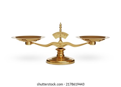 Golden balance scales isolated on white background.