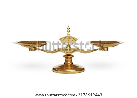 Golden balance scales isolated on white background.