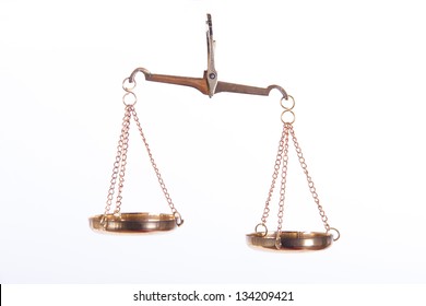 Golden Balance Scales Of Justice, Isolated On White Background.