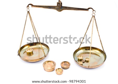 Golden balance scales with weights isolated on white
