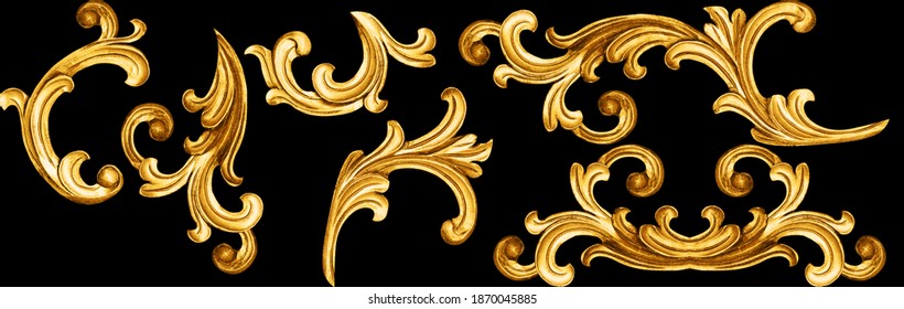 golden baroque ornament on black background - Shutterstock ID 1870045885