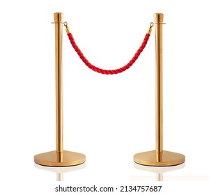 Golden barrier with red rope isolated on white background. Red rope barrier with golden stanchions. Velvet fence for entrance to cinema, club, theater and vip hall.  - Shutterstock ID 2134757687