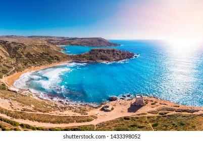 Golden Bay summer tourist resort beach azure water sea, Malta. Concept travel.