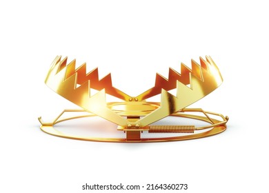 Golden bear trap isolated on white background, metal trap. Golden cage, Addiction, hunting, poaching, loan mortgage. 3D render, 3D illustration