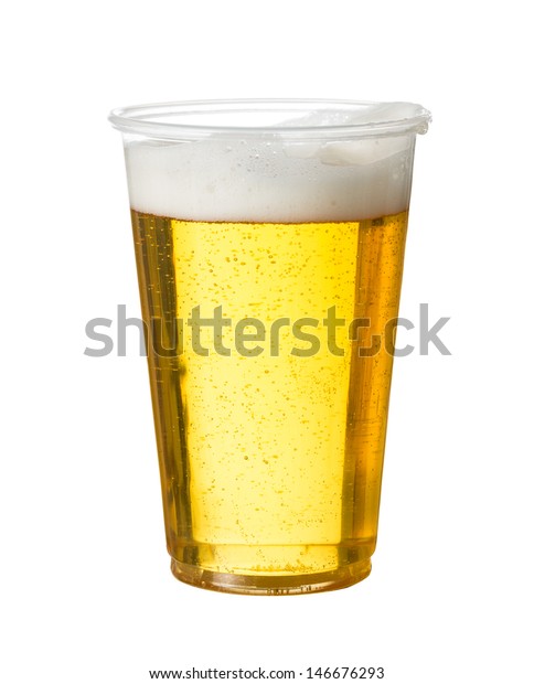 Stock photo of a simple glass of golden beer in a plastic party cup and isolated against a white background