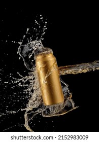 Golden Beer Can Splash On Black Background