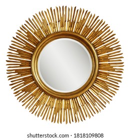 Golden Beveled Round Wall Mirror In A Sun-Ray Frame Isolated. Decorative Gold Sun Vintage Art Deco Mirror For Living Room & Bedrooms. Eye-Catching Wall Mounted Classic Circular Mirror. Interior Design