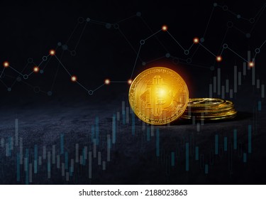 Golden Bitcoin With Candle Stick Graph Chart Of Stock Market Investment Trading, On Black Background. Crypto Currency Concept 