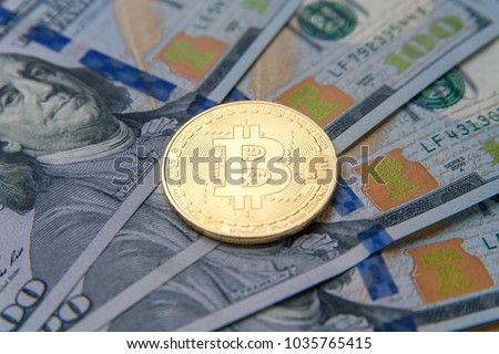 Golden Bitcoin Coin On Banknotes One Stock Photo Edit Now - 