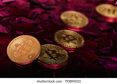 Golden bitcoin coin with Pink and Yellow confetti. Gorgeous Pink and Yellow.