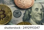 Golden bitcoin coins and hundred dollar bills with Benjamin Franklin portrait. Cryptocurrency and cash money. 100 USD bank notes and digital currency. Finance and investment concept. Extreme Close Up.