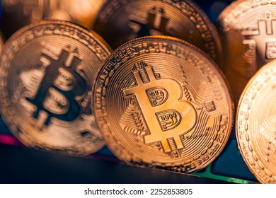 Golden bitcoin, conceptual image for crypto currency. Cryptocurrency bitcoin the future coin. Abstract business crypto market finance money background. Bitcoin BTC Cryptocurrency coins. Stock market