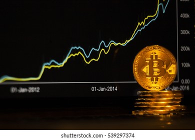 A golden bitcoin with keyboard and graph background. trading concept of crypto currency