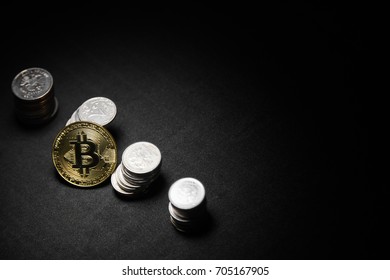 Golden bitcoin with money coins background. Bit coin cryptocurrency banking money transfer business technology
