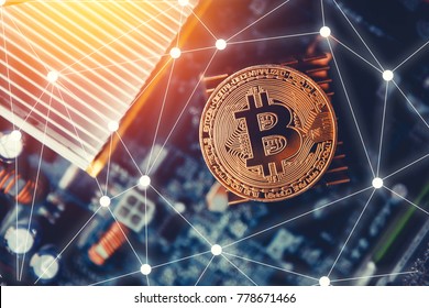 Golden bitcoin on dark background. Concept Blockchain, cryptocurrencies