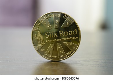 Golden Bitcoin Silk Road Stand On Table