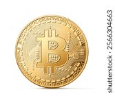 Golden bitcoin (virtual coins) isolated on white background. Bitcoin is a cryptographic currency and a peer-to-peer payment system invented by Satoshi Nakamoto.