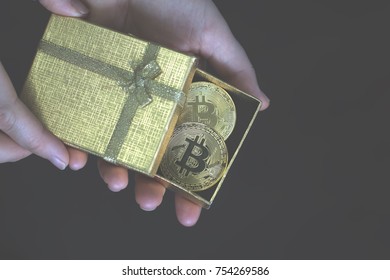 Golden Bitcoin Virtual Money Cryptocurrency Holiday Unusual Xmas Gift Box Copy Space