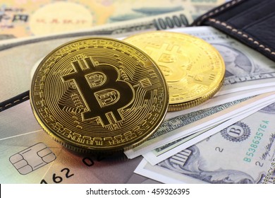 Golden bitcoin with wallet and banknote background. conceptual image for crypto currency.