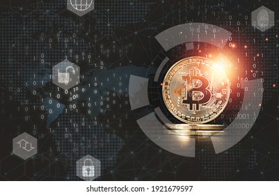 Golden Bitcoins with binary number for Digital block chain and cryptocurrency exchange concept. - Shutterstock ID 1921679597