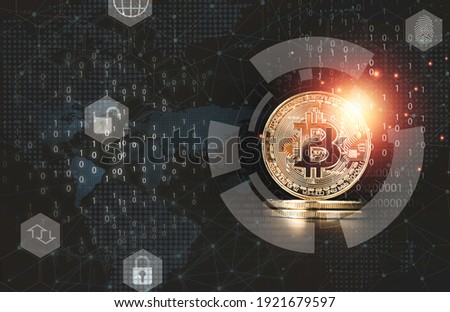 Golden Bitcoins with binary number for Digital block chain and cryptocurrency exchange concept.