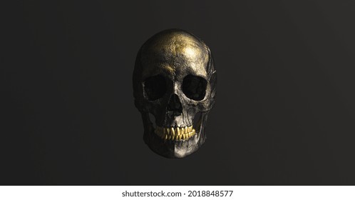 Golden Black Human Skull Pirate Poison Horror Symbol Halloween Medical. Anatomy And Medicine Concept Image.