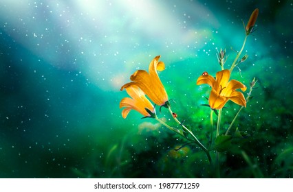 Golden Bluebells Flowers in Fantasy magical Emerald colored garden in fairy tale elf Forest, fairytale bells glade and ladybugs on midnight background, elven magic wood in dark night with moon rays.