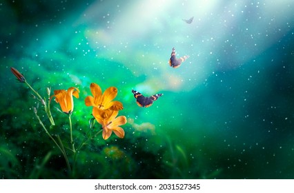 Golden Bluebells Flowers And Flying Butterflies In Fantasy Magical Emerald Colored Garden In Fairy Tale Elf Forest, Fairytale Bells Glade Background, Elven Magic Wood In Dark Night With Moon Rays.